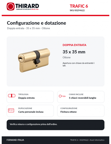TRAFIC 6 THIRARD 00294622: doppia entrata, 5 chiavi e dotazione inclusa