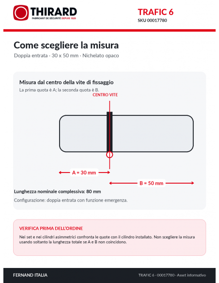 Misure cilindro TRAFIC 6 THIRARD 00017780: 30 x 50 mm, quote A e B dal centro della vite