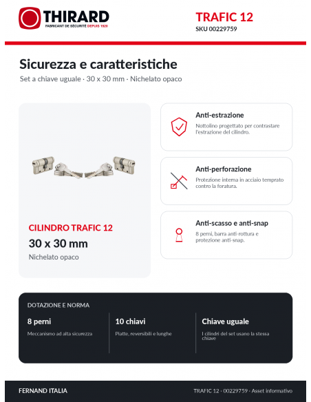 Set di 2 cilindri europei TRAFIC 12 30 x 30 mm, nichelati, a chiave uguale, 10 chiavi – THIRARD