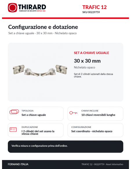 Set di 2 cilindri europei TRAFIC 12 30 x 30 mm, nichelati, a chiave uguale, 10 chiavi – THIRARD