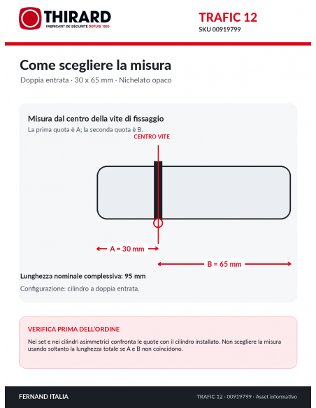Misure cilindro TRAFIC 12 THIRARD 00919799: 30 x 65 mm, quote A e B dal centro della vite