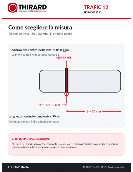 Misure cilindro TRAFIC 12 THIRARD 00019790: 30 x 60 mm, quote A e B dal centro della vite