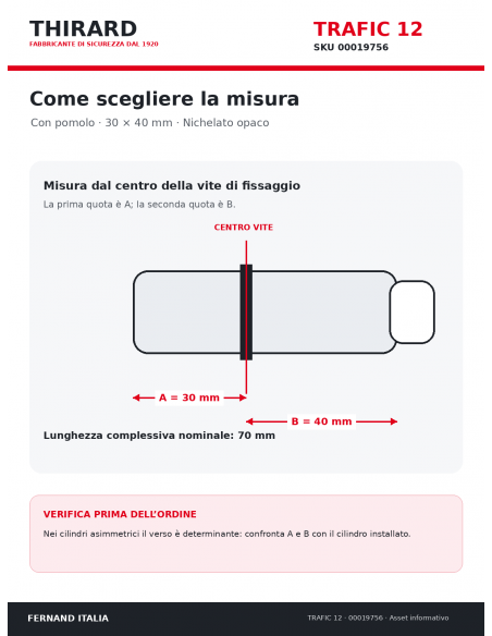 Misure cilindro TRAFIC 12 THIRARD 00019756: 30 x 40 mm, quote A e B dal centro vite
