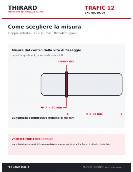 Misure cilindro TRAFIC 12 THIRARD 00219799: 30 x 65 mm, quote A e B dal centro vite