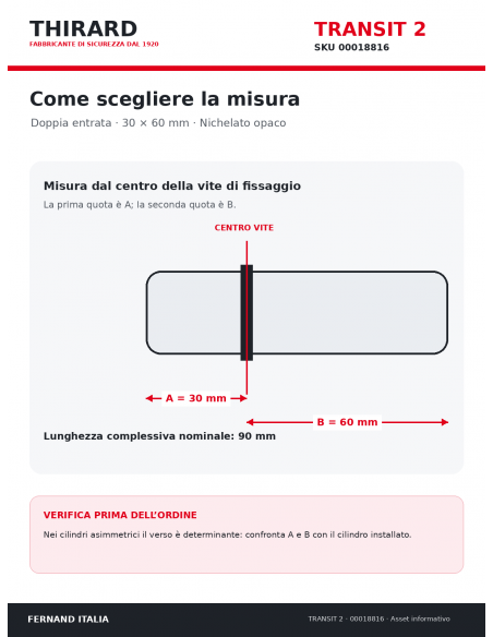 Misure cilindro TRANSIT 2 THIRARD 00018816: 30 x 60 mm, quote A e B dal centro vite