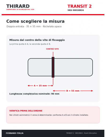 Misure cilindro TRANSIT 2 THIRARD 00018824: 35 x 55 mm, quote A e B dal centro vite