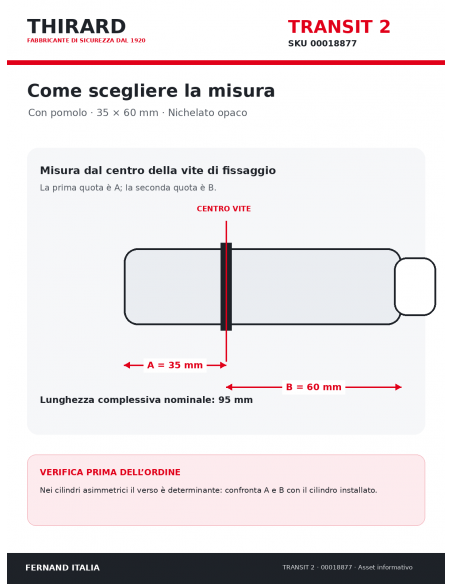 Misure cilindro TRANSIT 2 THIRARD 00018877: 35 x 60 mm, quote A e B dal centro vite