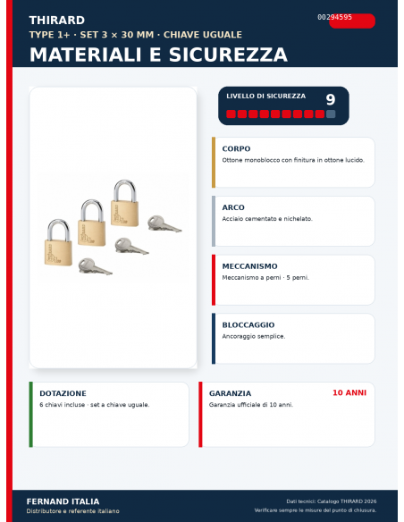 Set 3 lucchetti TYPE 1+ 30 mm a chiave uguale: materiali, meccanismo e sicurezza – THIRARD