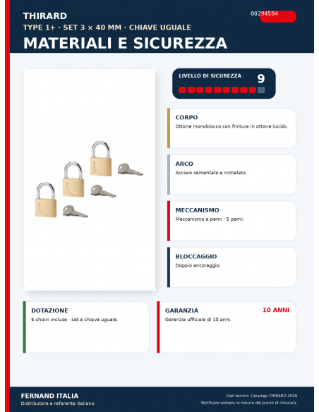 Set 3 lucchetti TYPE 1+ 40 mm a chiave uguale: materiali, meccanismo e sicurezza – THIRARD