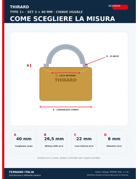 Set 3 lucchetti TYPE 1+ 40 mm a chiave uguale: guida alle misure del corpo e dell’arco – THIRARD