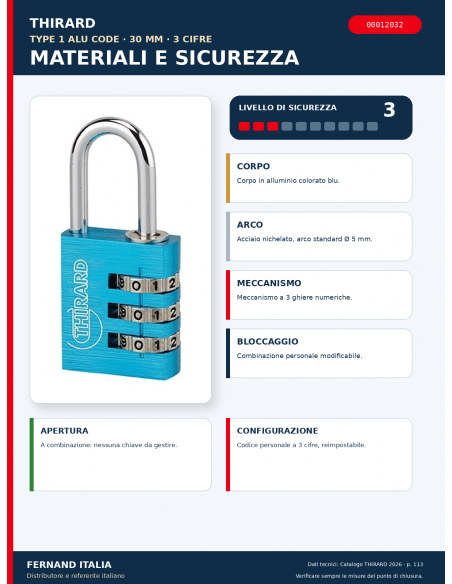 Lucchetto TYPE 1 ALU CODE 30 mm blu: materiali e sicurezza – THIRARD