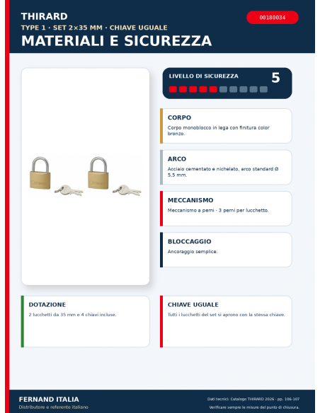 Set 2 lucchetti TYPE 1 35 mm a chiave uguale: materiali, meccanismo e sicurezza – THIRARD