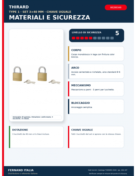 Set 3 lucchetti TYPE 1 40 mm a chiave uguale: materiali, meccanismo e sicurezza – THIRARD