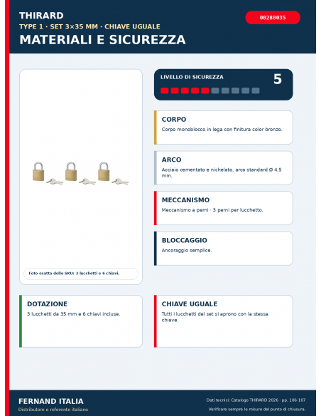Set 3 lucchetti TYPE 1 35 mm a chiave uguale: materiali, meccanismo e sicurezza – THIRARD