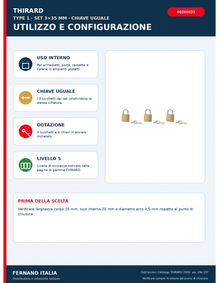 Set 3 lucchetti TYPE 1 35 mm a chiave uguale: utilizzo, dotazione e configurazione – THIRARD