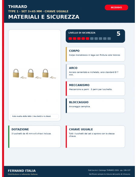 Set 3 lucchetti TYPE 1 45 mm a chiave uguale: materiali, meccanismo e sicurezza – THIRARD