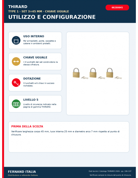Set 3 lucchetti TYPE 1 45 mm a chiave uguale: utilizzo, dotazione e configurazione – THIRARD