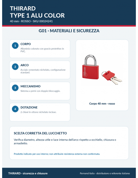 Lucchetto TYPE 1 ALU COLOR 40 mm rosso: materiali e sicurezza – THIRARD