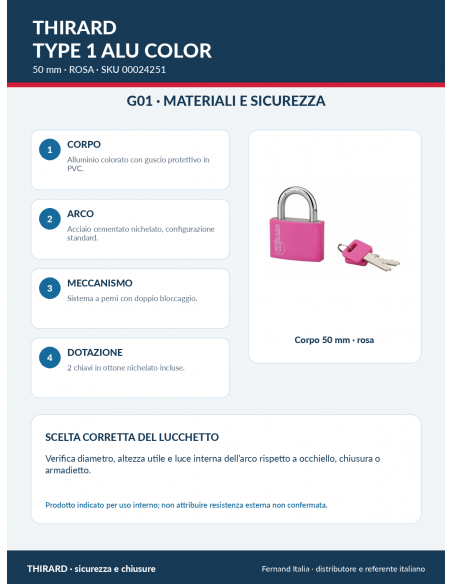 Lucchetto TYPE 1 ALU COLOR 50 mm rosa: materiali e sicurezza – THIRARD