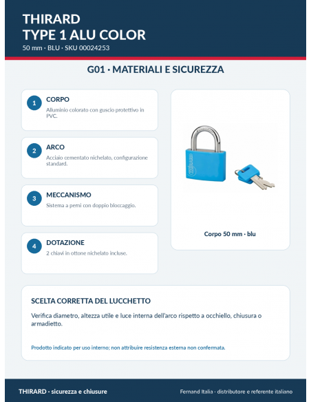 Lucchetto TYPE 1 ALU COLOR 50 mm blu: materiali e sicurezza – THIRARD
