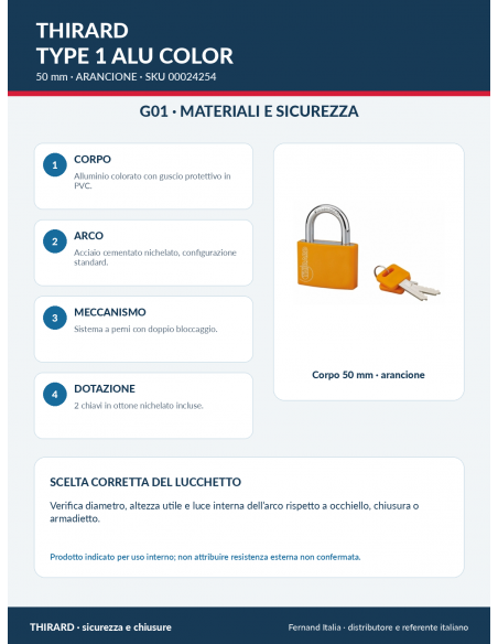 Lucchetto TYPE 1 ALU COLOR 50 mm arancione: materiali e sicurezza – THIRARD