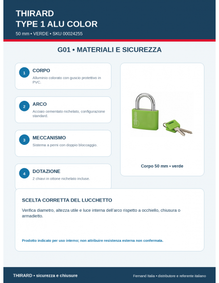 Lucchetto TYPE 1 ALU COLOR 50 mm • VERDE: materiali e sicurezza – THIRARD