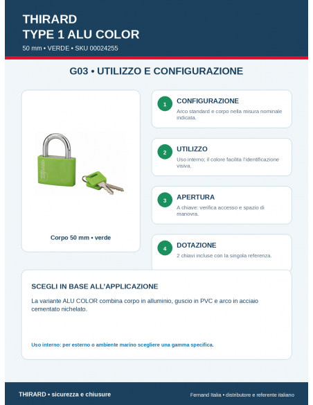 Lucchetto TYPE 1 ALU COLOR 50 mm • VERDE: utilizzo e configurazione – THIRARD