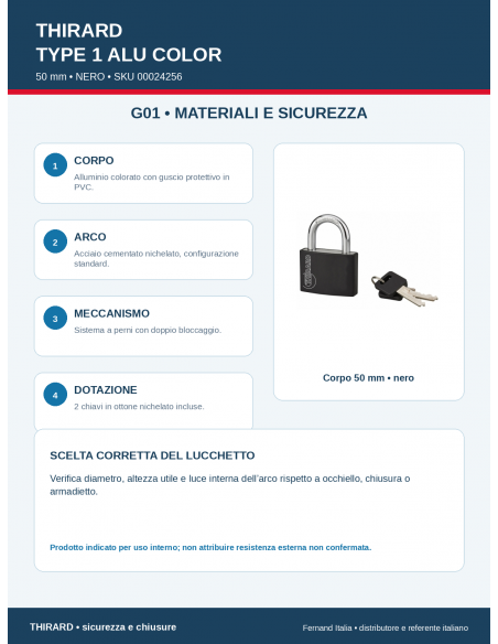 Lucchetto TYPE 1 ALU COLOR 50 mm • NERO: materiali e sicurezza – THIRARD
