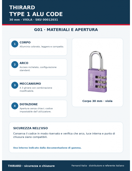 Lucchetto TYPE 1 ALU CODE 30 mm viola: materiali e apertura – THIRARD