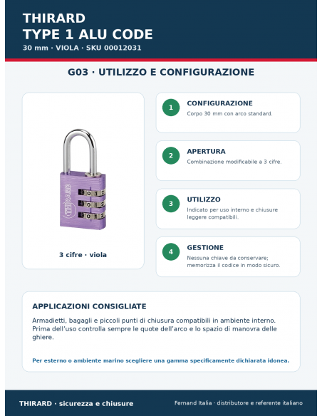 Lucchetto TYPE 1 ALU CODE 30 mm viola: utilizzo e configurazione – THIRARD