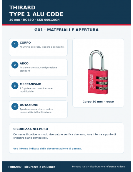 Lucchetto TYPE 1 ALU CODE 30 mm rosso: materiali e apertura – THIRARD