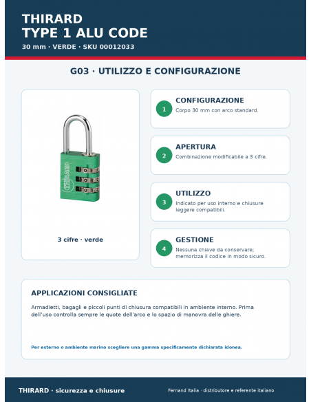 Lucchetto TYPE 1 ALU CODE 30 mm verde: utilizzo e configurazione – THIRARD