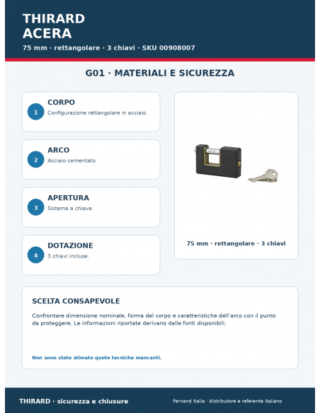 Lucchetto ACERA 75 mm: materiali e configurazione – THIRARD