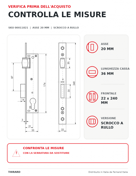 Cassa serratura con asse 20 mm, cilindro e rullo, L 36 mm – THIRARD