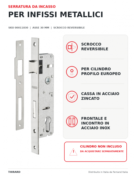 Serratura da incasso per infissi metallici, asse 30 mm, interasse 85 mm – THIRARD