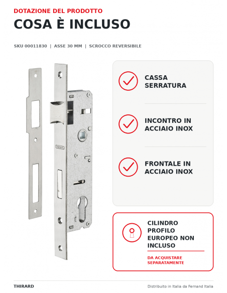 Serratura da incasso per infissi metallici, asse 30 mm, interasse 85 mm – THIRARD