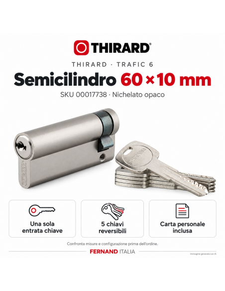 Mezzo cilindro europeo TRAFIC 6, 60×10 mm, nichelato, 5 chiavi – THIRARD