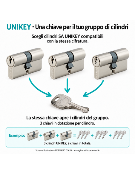 Cilindro per serratura doppio ingresso SA UNIKEY (acquista più pezzi, stessa chiave), 45x60 mm, 3 chiavi, nichelato - THIRARD