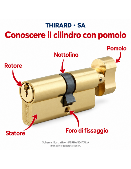 Cilindro SA con pomolo 35 x 30 mm, ottonato, 3 chiavi – THIRARD